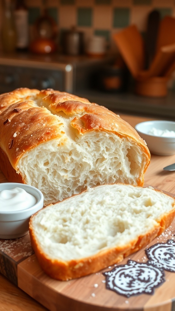 A golden loaf of yogurt bread sliced on a wooden board, showcasing its fluffy texture.